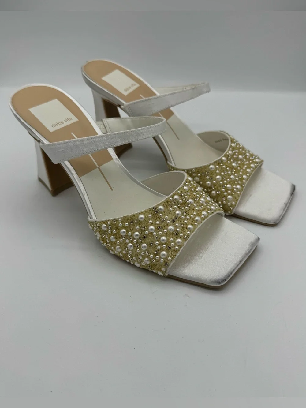 Dolce Vita Nasia Rhinestone Block Heel Sandals White Size 8 bridal rehearsal